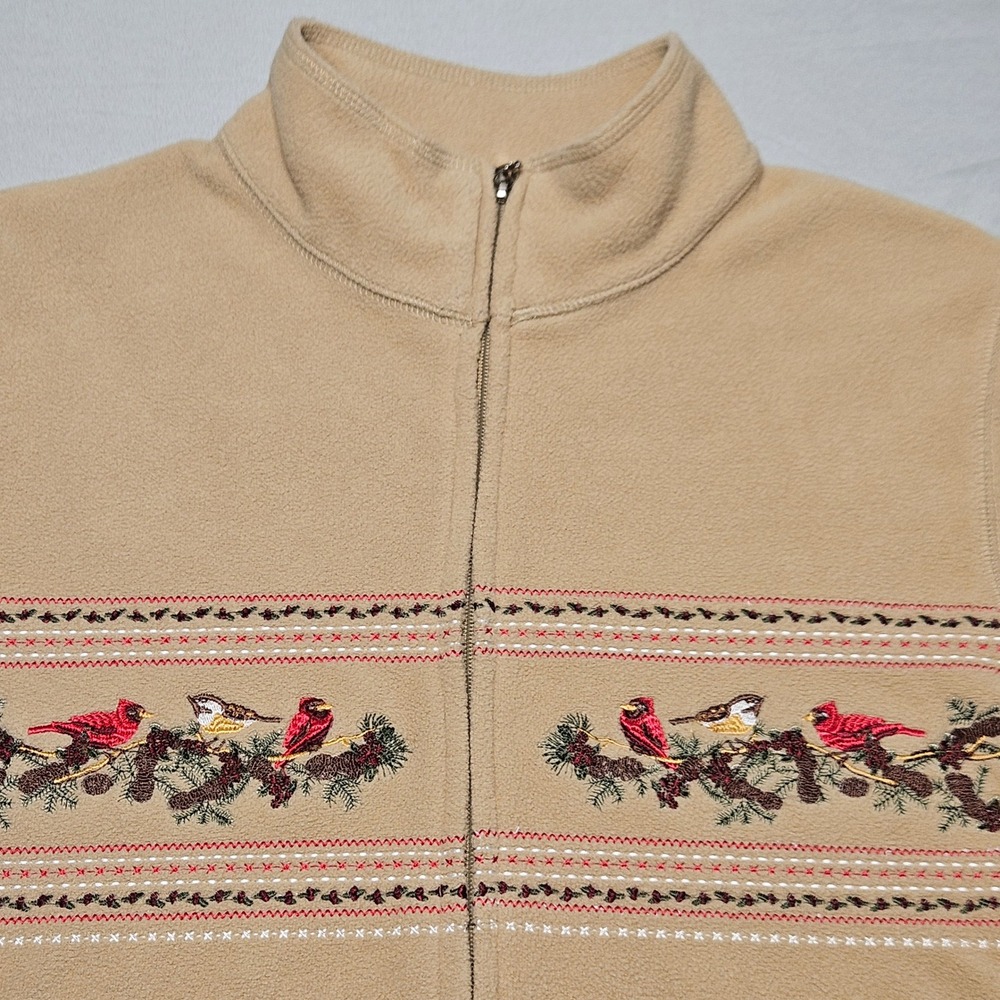 Metropolitan Fleece Jacket Womens XL Tan Bird Embroidered Full Zip Mock Neck